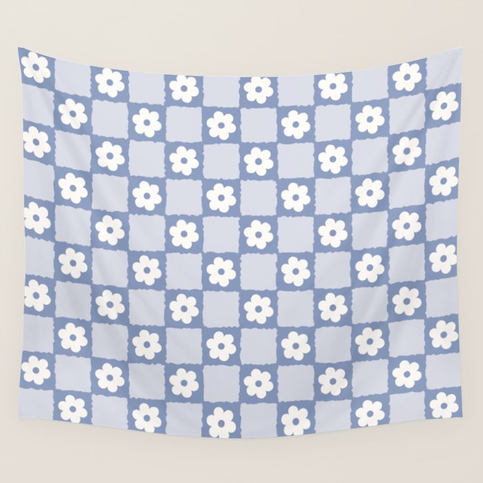 Retro Daisy Flower Checker in Blue  Wall Tapestry Gallery Image 4