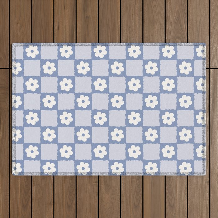 Retro Daisy Flower Checker in Blue  Outdoor Rug Gallery Image 1
