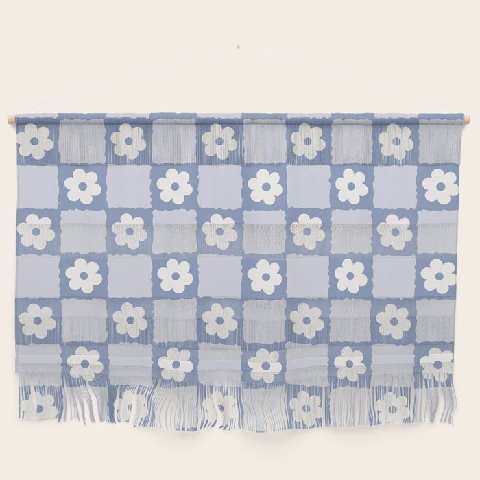 Retro Daisy Flower Checker in Blue  Wall Hanging Gallery Image 1