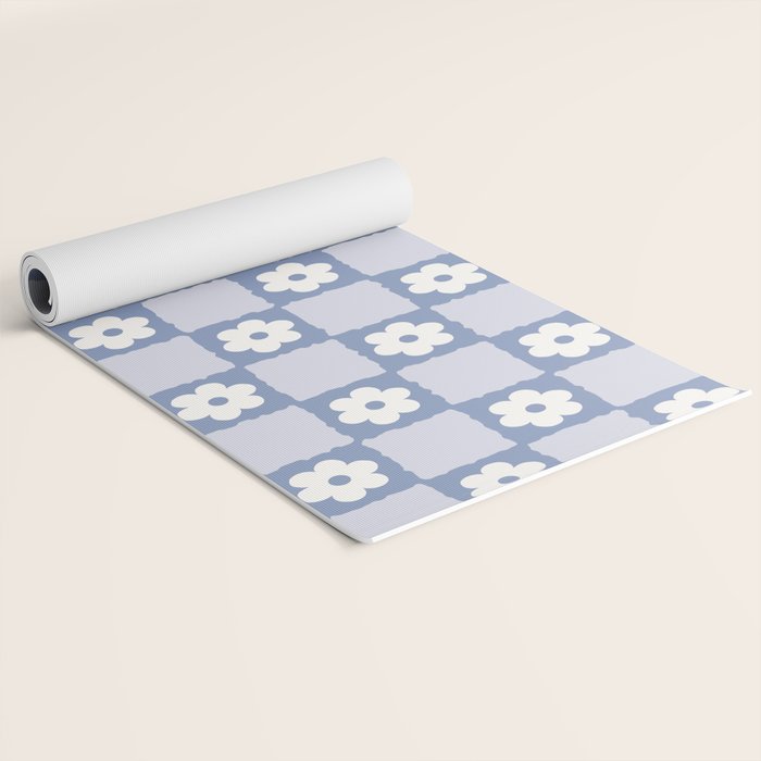 Retro Daisy Flower Checker in Blue  Yoga Mat Gallery Image 2
