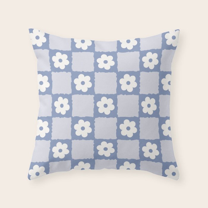 Retro Daisy Flower Checker in Blue  Throw Pillow Gallery Image 1
