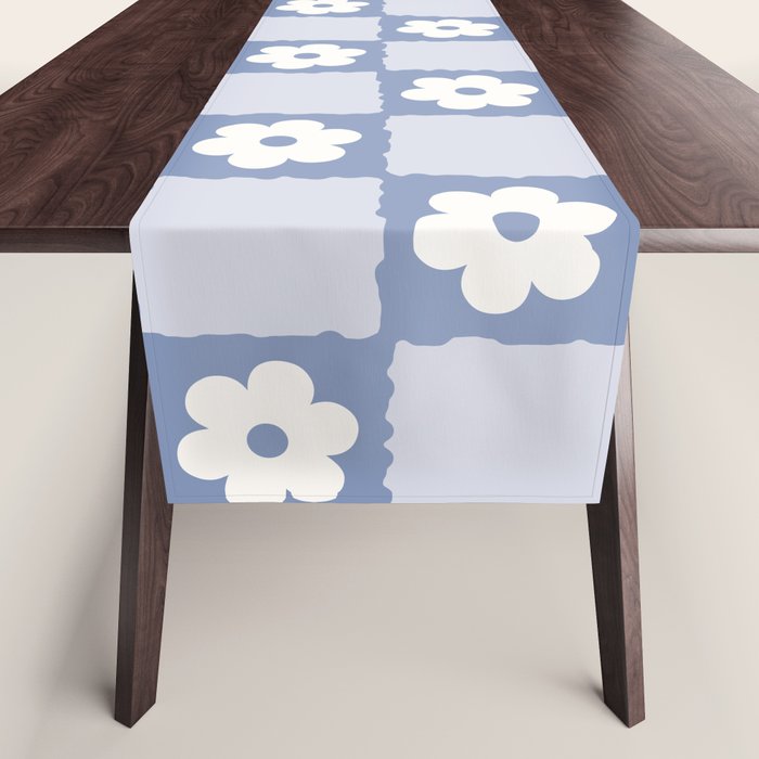 Retro Daisy Flower Checker in Blue  Table Runner Gallery Image 1