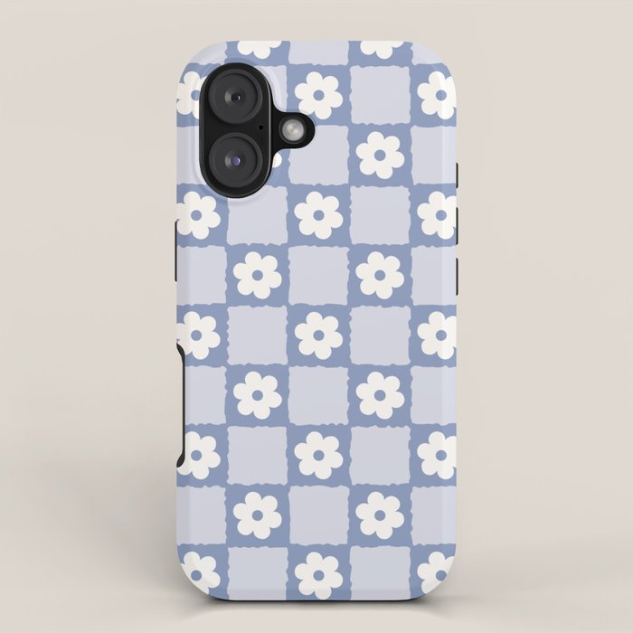 Retro Daisy Flower Checker in Blue  iPhone Case Gallery Image 1
