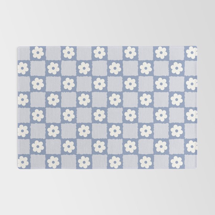 Retro Daisy Flower Checker in Blue  Rug Gallery Image 2