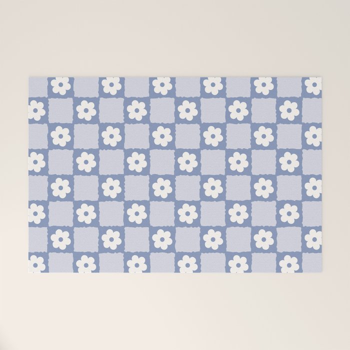 Retro Daisy Flower Checker in Blue  Welcome Mat Gallery Image 1