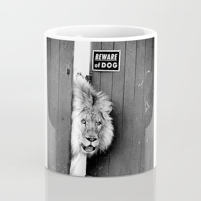 Beware of Dog black and white photograph of attack lion humorous black and white photography Coffee Mug Gallery Image 4