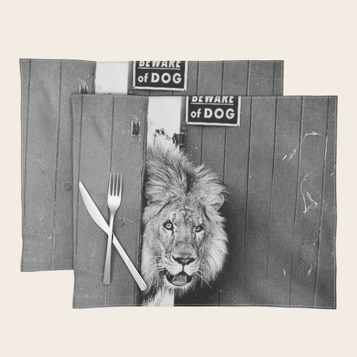 Beware of Dog black and white photograph of attack lion humorous black and white photography Placemat Gallery Image 1