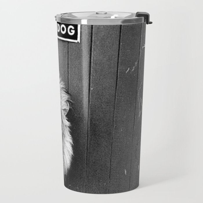 Beware of Dog black and white photograph of attack lion humorous black and white photography Travel Mug Gallery Image 2