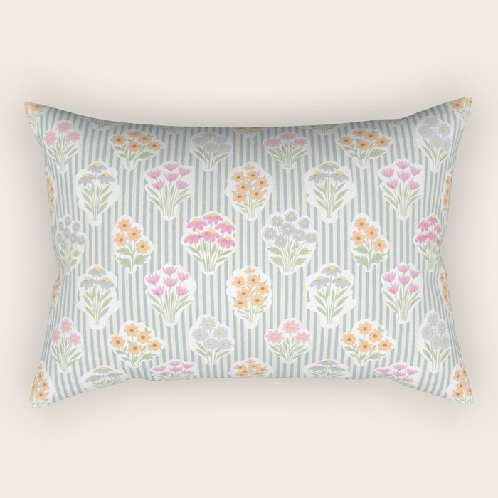 Ditsy Flower Sticker Bouquets on Blue and Cream Pinstripes Rectangular Pillow Gallery Image 2