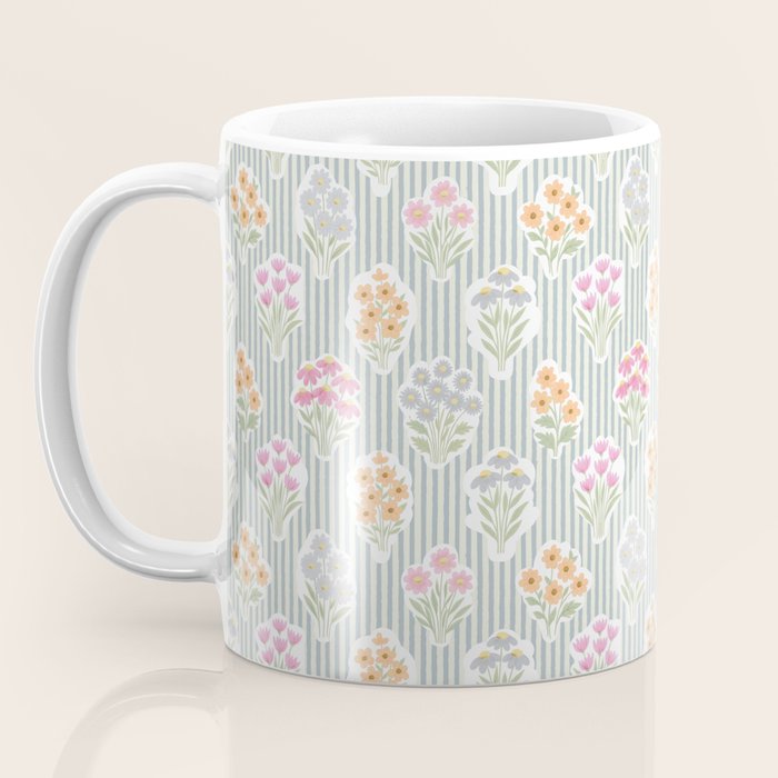 Ditsy Flower Sticker Bouquets on Blue and Cream Pinstripes Coffee Mug Gallery Image 3