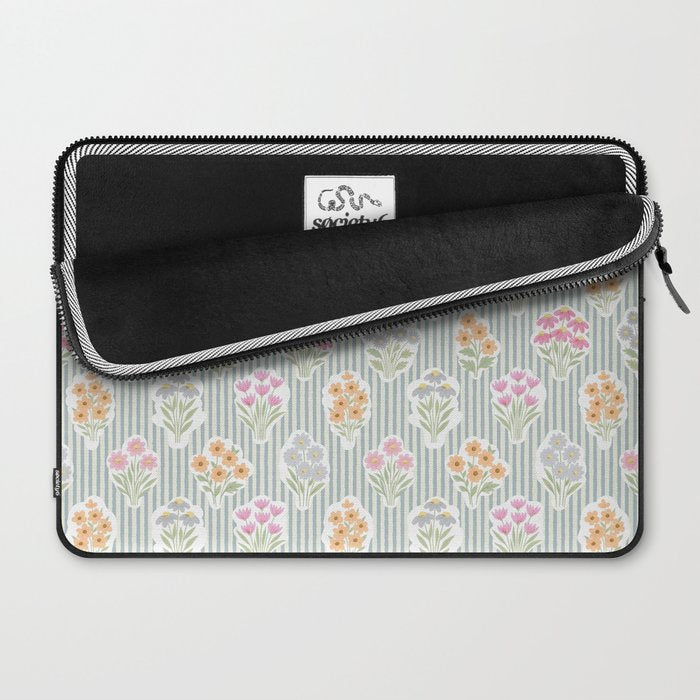Ditsy Flower Sticker Bouquets on Blue and Cream Pinstripes Laptop Sleeve Gallery Image 2