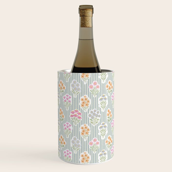 Ditsy Flower Sticker Bouquets on Blue and Cream Pinstripes Wine Chiller Gallery Image 1