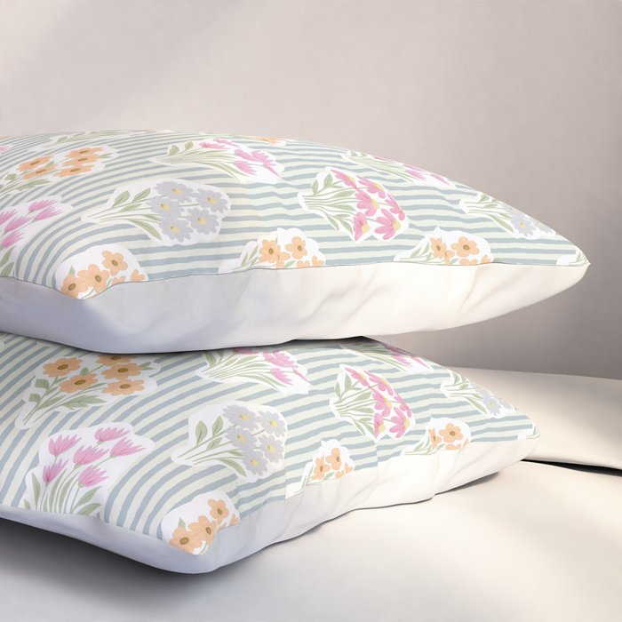 Ditsy Flower Sticker Bouquets on Blue and Cream Pinstripes Pillow Sham Gallery Image 3