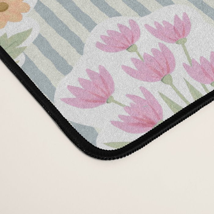 Ditsy Flower Sticker Bouquets on Blue and Cream Pinstripes Desk Mat Gallery Image 4
