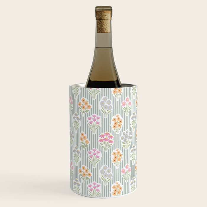 Ditsy Flower Sticker Bouquets on Blue and Cream Pinstripes Wine Chiller Gallery Image 3