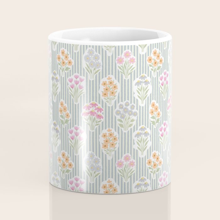 Ditsy Flower Sticker Bouquets on Blue and Cream Pinstripes Coffee Mug Gallery Image 4