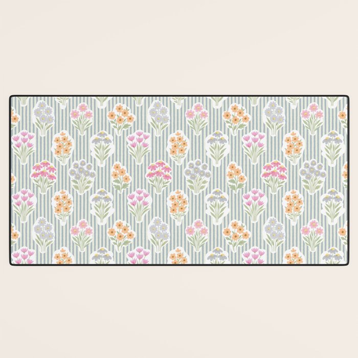 Ditsy Flower Sticker Bouquets on Blue and Cream Pinstripes Desk Mat Gallery Image 3