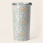 Ditsy Flower Sticker Bouquets on Blue and Cream Pinstripes Travel Mug Gallery Image 2
