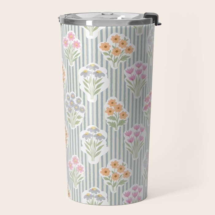 Ditsy Flower Sticker Bouquets on Blue and Cream Pinstripes Travel Mug Gallery Image 2