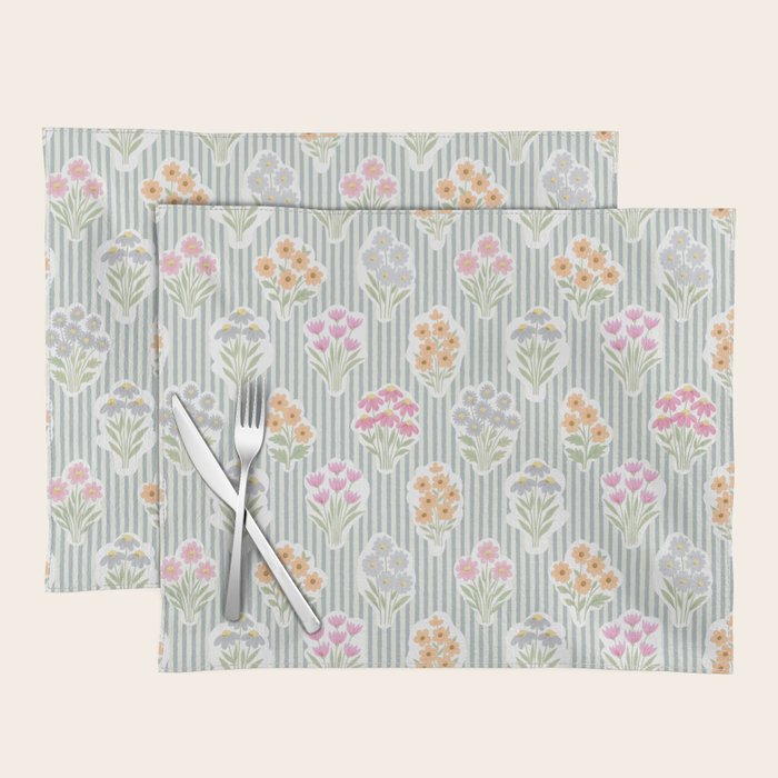 Ditsy Flower Sticker Bouquets on Blue and Cream Pinstripes Placemat Gallery Image 1