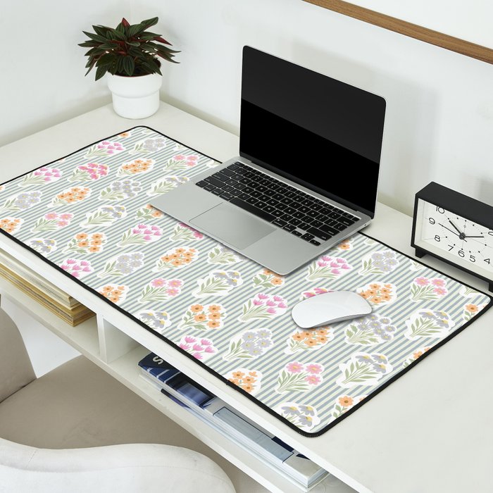 Ditsy Flower Sticker Bouquets on Blue and Cream Pinstripes Desk Mat Gallery Image 2