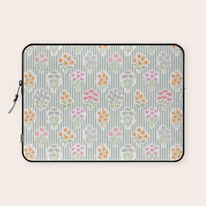 Ditsy Flower Sticker Bouquets on Blue and Cream Pinstripes Laptop Sleeve Gallery Image 1