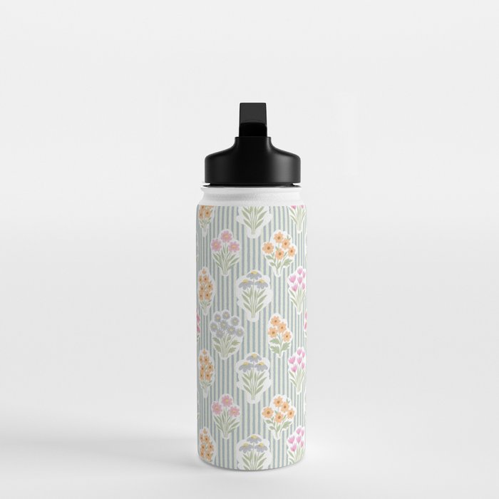Ditsy Flower Sticker Bouquets on Blue and Cream Pinstripes Water Bottle Gallery Image 3