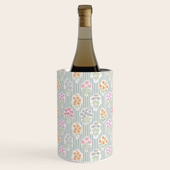 Ditsy Flower Sticker Bouquets on Blue and Cream Pinstripes Wine Chiller Gallery Image 2