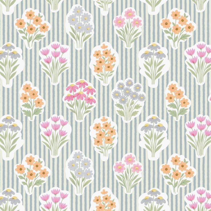 Ditsy Flower Sticker Bouquets on Blue and Cream Pinstripes Coffee Mug Gallery Image 2