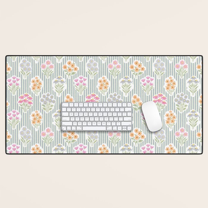 Ditsy Flower Sticker Bouquets on Blue and Cream Pinstripes Desk Mat Gallery Image 1
