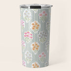 Ditsy Flower Sticker Bouquets on Blue and Cream Pinstripes Travel Mug Gallery Image 1