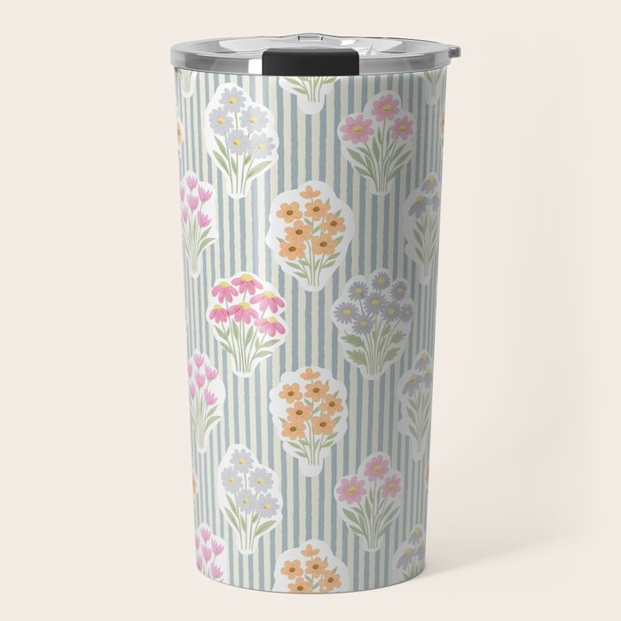 Ditsy Flower Sticker Bouquets on Blue and Cream Pinstripes Travel Mug Gallery Image 1