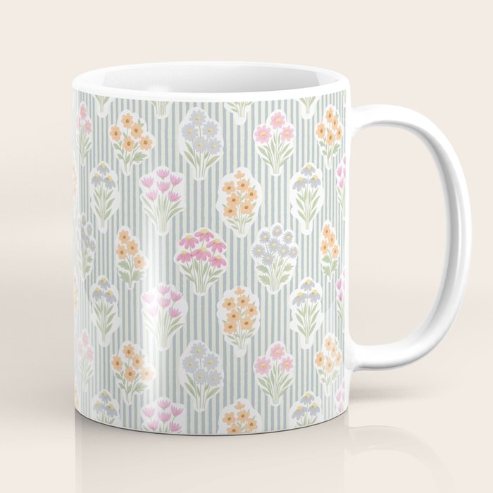 Ditsy Flower Sticker Bouquets on Blue and Cream Pinstripes Coffee Mug Gallery Image 1