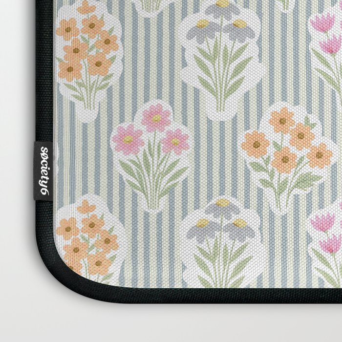 Ditsy Flower Sticker Bouquets on Blue and Cream Pinstripes Laptop Sleeve Gallery Image 3