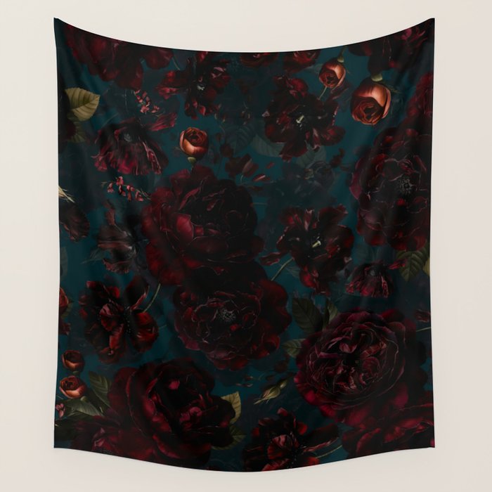 Vintage Black Dramatic Glamour Autumn Romanticism: Maximalism Moody Florals - Grand Millennial Midnight burgundy Roses Black Roses Bouquets and Nostalgic Gothic Mystic Flowers Wall Tapestry Gallery Image 4