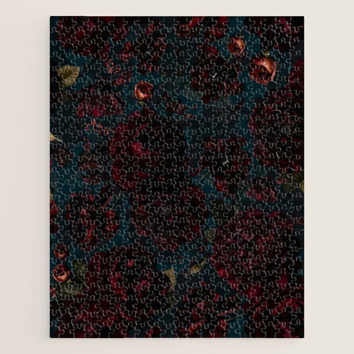 Vintage Black Dramatic Glamour Autumn Romanticism: Maximalism Moody Florals - Grand Millennial Midnight burgundy Roses Black Roses Bouquets and Nostalgic Gothic Mystic Flowers Jigsaw Puzzle Gallery Image 1