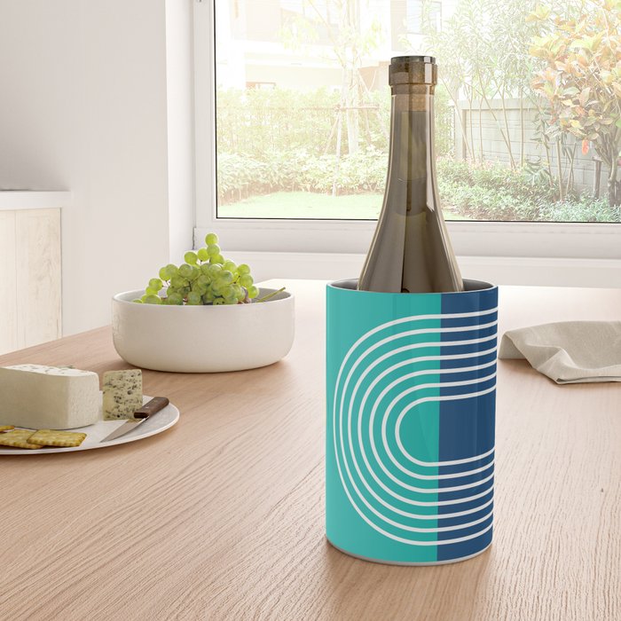 Geometric Lines in Blue Teal Yellow (Sun and Rainbow abstraction) Wine Chiller Gallery Image 4