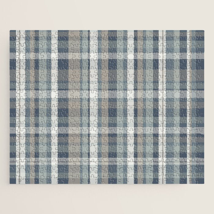 Retro Modern Plaid Pattern 2 in Neutral Blue Gray Jigsaw Puzzle