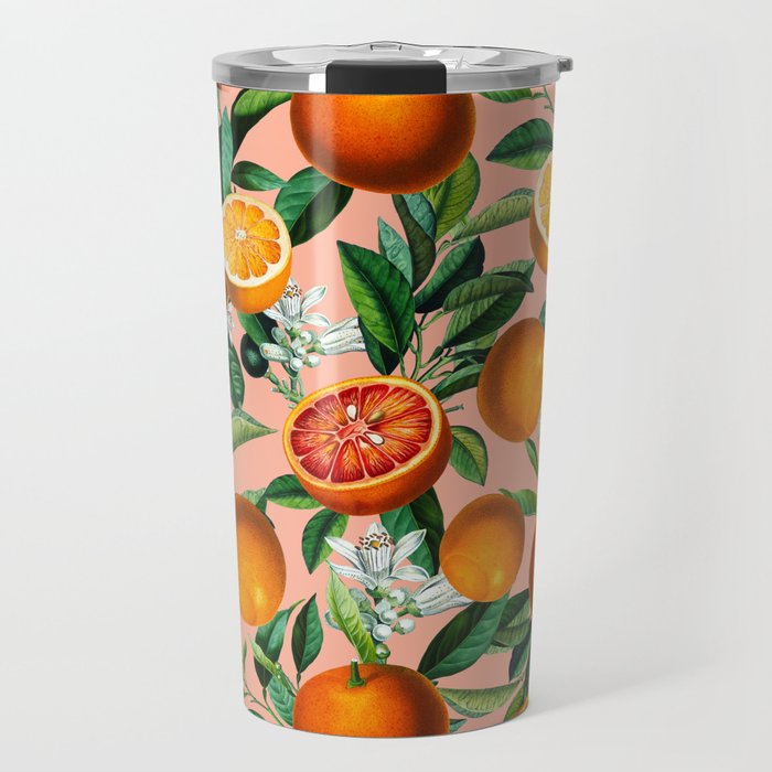Oranges Pink Vintage Botanical Travel Mug Gallery Image 1