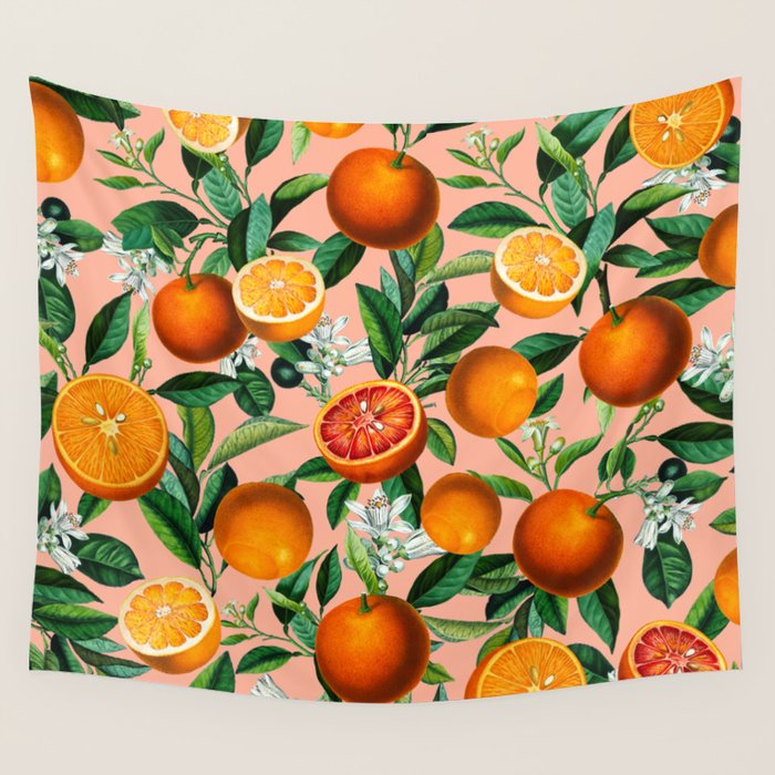 Oranges Pink Vintage Botanical Wall Tapestry Gallery Image 1
