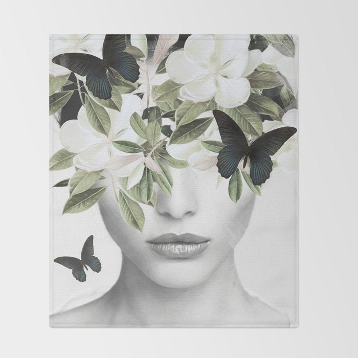 Woman With Flowers and Butterflies 3 Throw Blanket Gallery Image 2