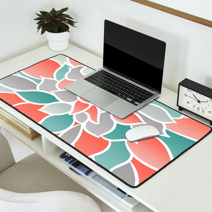 Modern Floral Prints, Coral, Teal Green and Gray Desk Mat Gallery Image 2