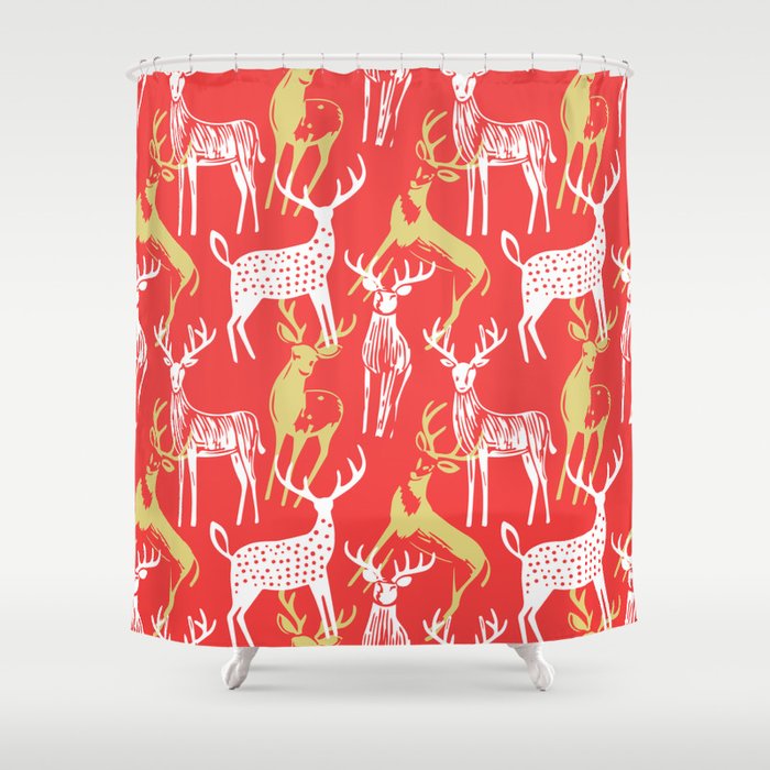 Red christmas reindeer animal pattern Shower Curtain Gallery Image 1