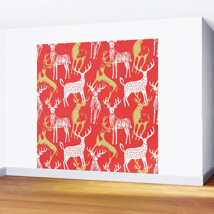 Red christmas reindeer animal pattern Wall Mural Gallery Image 2