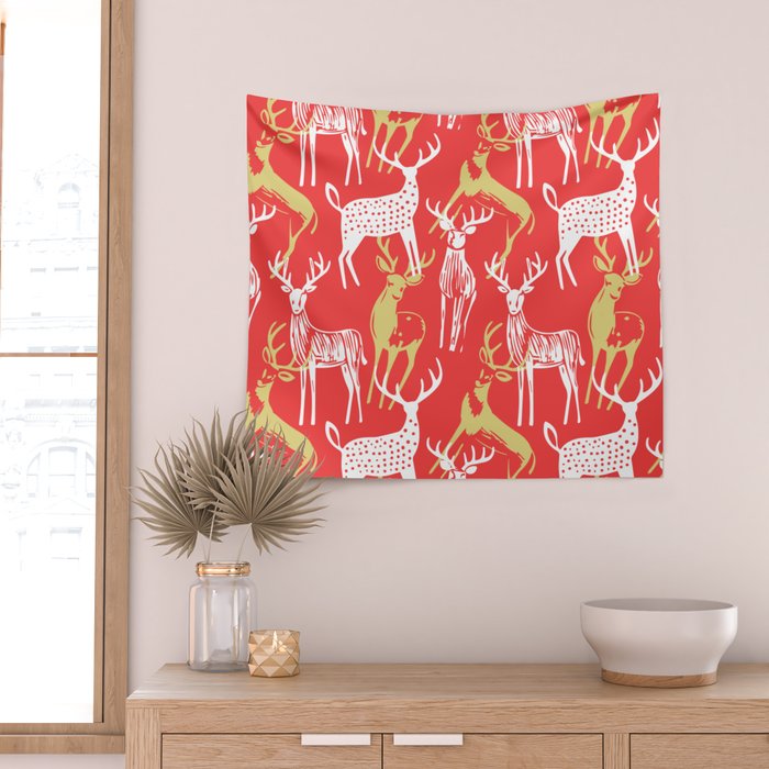 Red christmas reindeer animal pattern Wall Tapestry Gallery Image 2