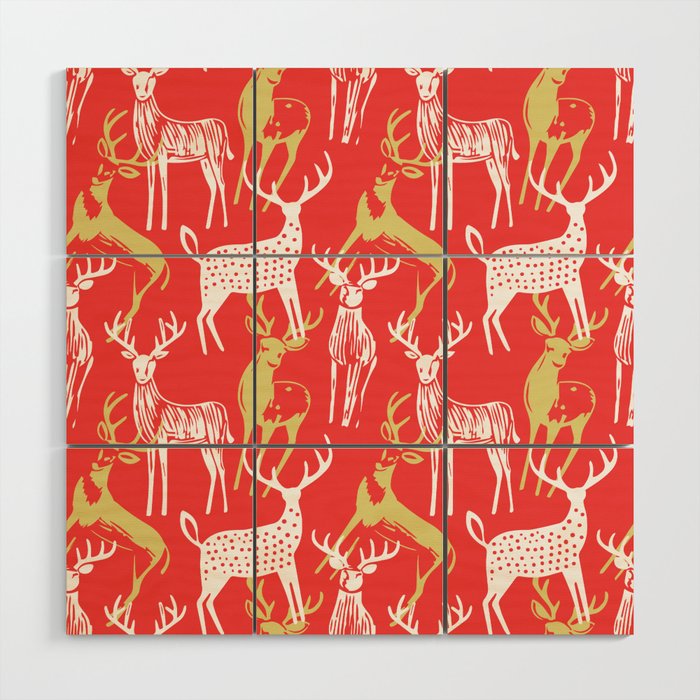 Red christmas reindeer animal pattern Wood Wall Art Gallery Image 1