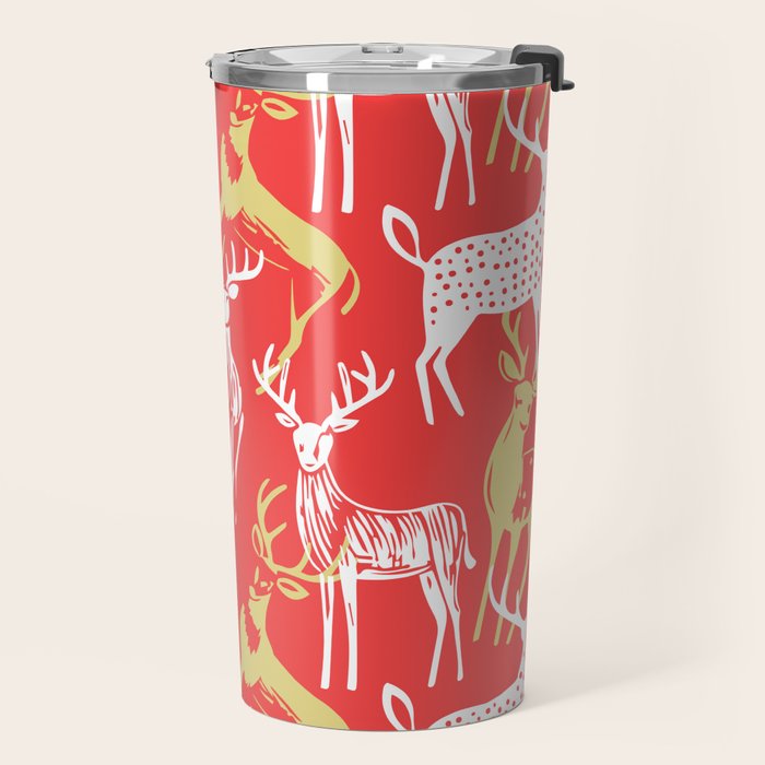 Red christmas reindeer animal pattern Travel Mug Gallery Image 2