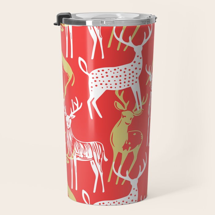 Red christmas reindeer animal pattern Travel Mug Gallery Image 3