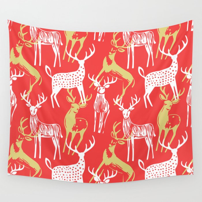 Red christmas reindeer animal pattern Wall Tapestry Gallery Image 4