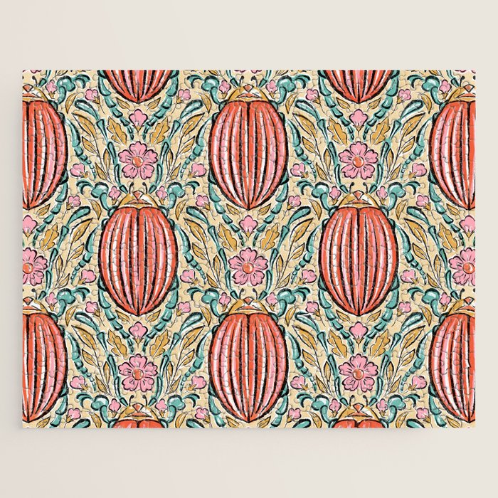 Retro Floral Beetle - pink red gold and teal Jigsaw Puzzle Gallery Image 1